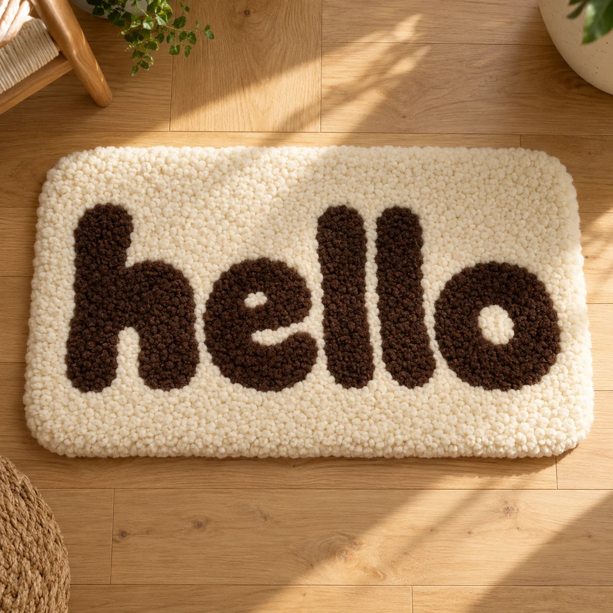 A cream rug featuring the word hello