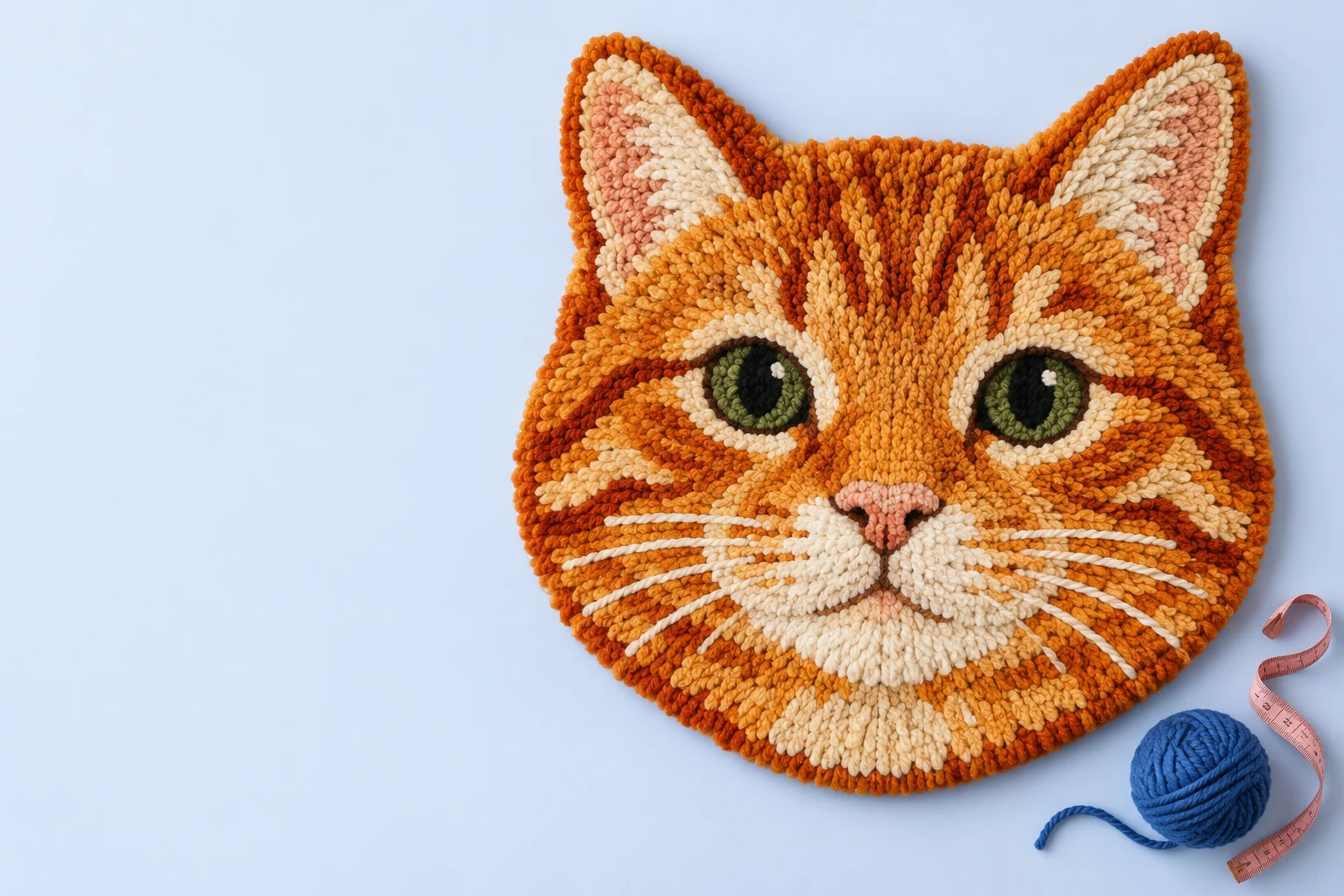 Design inspiration: an orange cat-shaped rug on a blue worktable, with yarn and a measuring tape