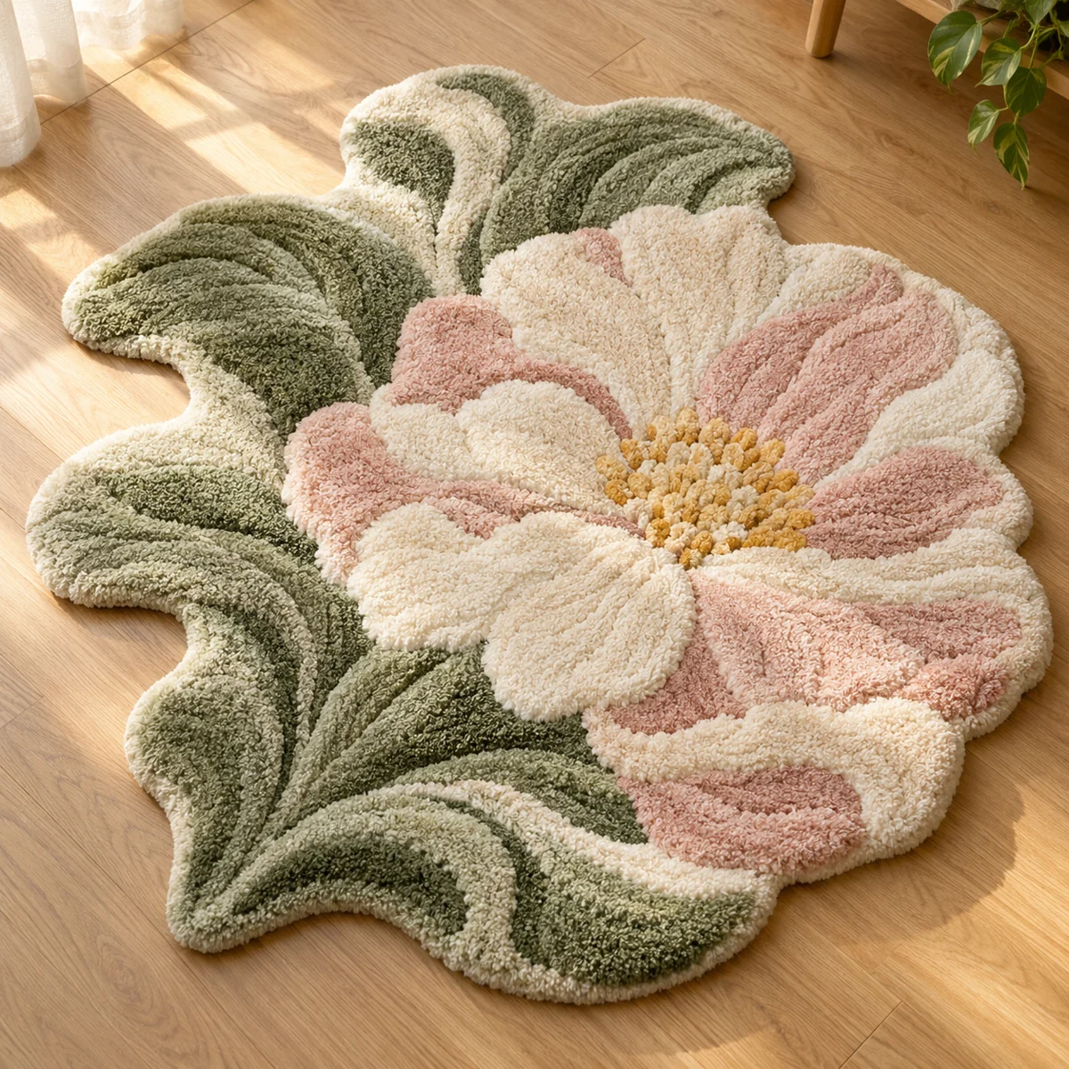 ピンクとセージグリーンの花をモチーフにしたラグ